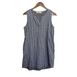 Solitaire Womens Blue Chambray White Striped Crochet Pockets Tunic Blouse Medium